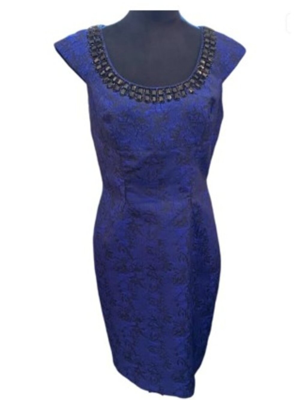 Adrianna Papell Cobalt Jacquard Bodycon Sheath Beaded Neckline Size 10 Like New